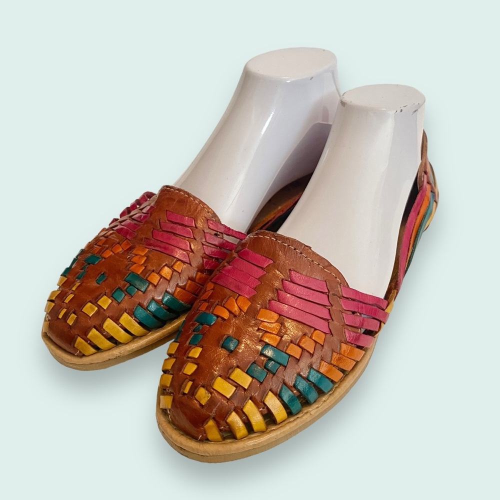 Handwoven Multicolor Leather Huarache Sandals - Women's Pink & Brown